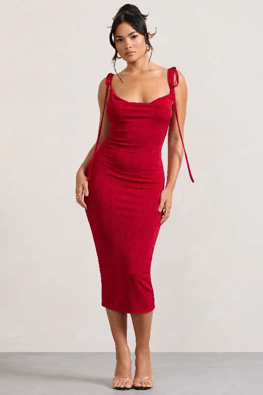 Irina | Red Cowl-Neck Bodycon Midi Dress Chic Midi Skirt