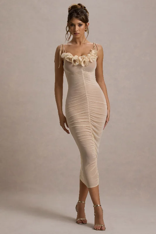 Jesi | Cream Mesh Ruched Midi Dress With Ruffles Ruffled Floral Skirt