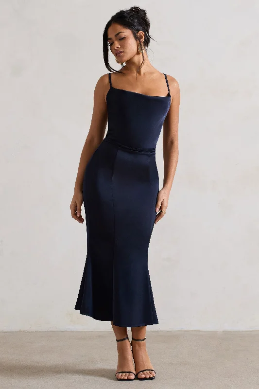 Just A Moment | Navy Satin Cowl-Neck Midi Dress With Tie Waist Everyday Midi Skirt