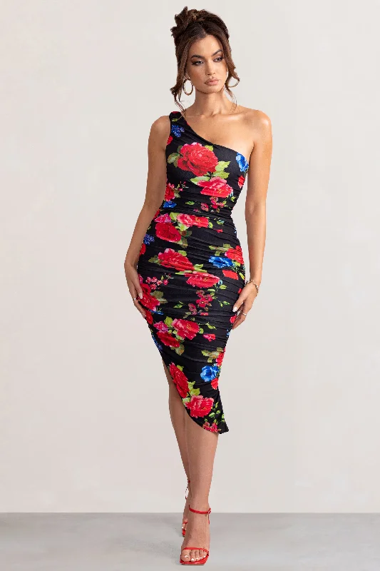 Late Night | Black Floral Print Asymmetric One Shoulder Ruched Midi Dress Cozy Midi Dress