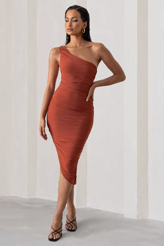 Late Night | Rust Asymmetric One Shoulder Ruched Midi Dress Classic A-line Skirt