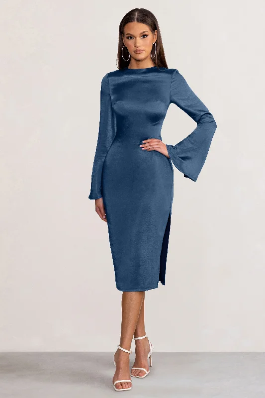 Laura | Navy Satin Long-Sleeve Midi Dress Vintage Printed Skirt