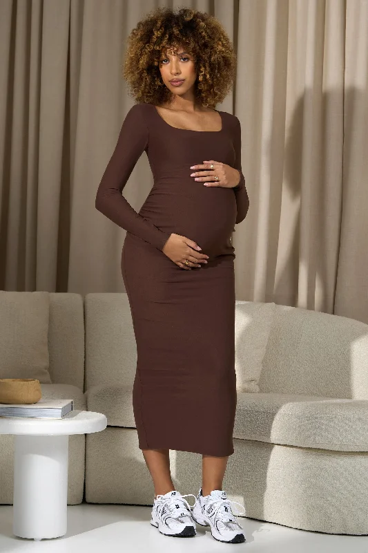 Leonora | Chocolate Brown Square-Neck Long-Sleeve Split Maternity Midi Dress Lace-up Midi Skirt