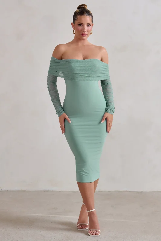 Only You | Sage Ruched Mesh Bardot Midi Dress Classic Midi Skirt