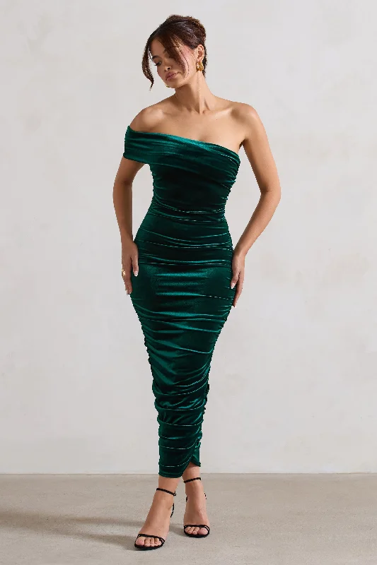 Remember Me | Bottle Green Velvet One Shoulder Midi Dress Pleated Midi Skirt