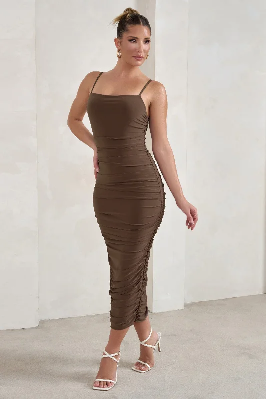 Saffy | Brown Cami Mesh Ruched Midi Dress Midi Skirt Trendy