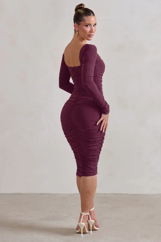 Seductress | Burgundy Square Neck Bodycon Midi Dress With Long Sleeves Tulle Midi Skirt