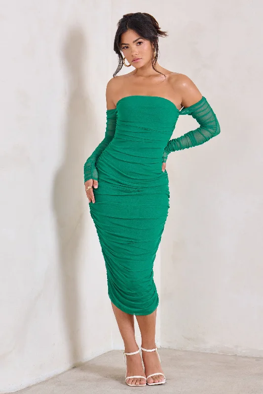 Sorella | Green Ruched Mesh Bardot Midi Dress Skater Midi Skirt