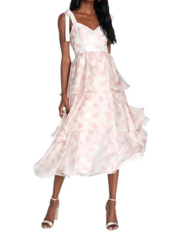 Tie Straps Midi Dress In Ivory With Pink Flowers Lace Trim Midi